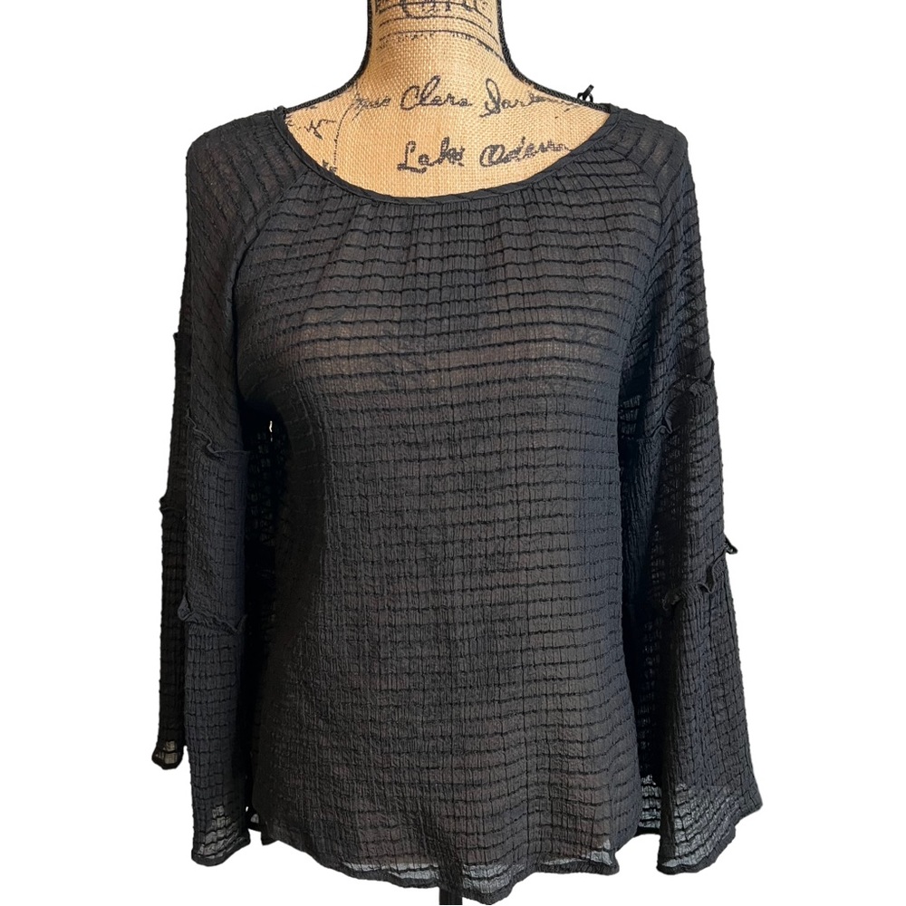 Umgee Sheer Black Check Blouse Tiered Sleeves sz Small